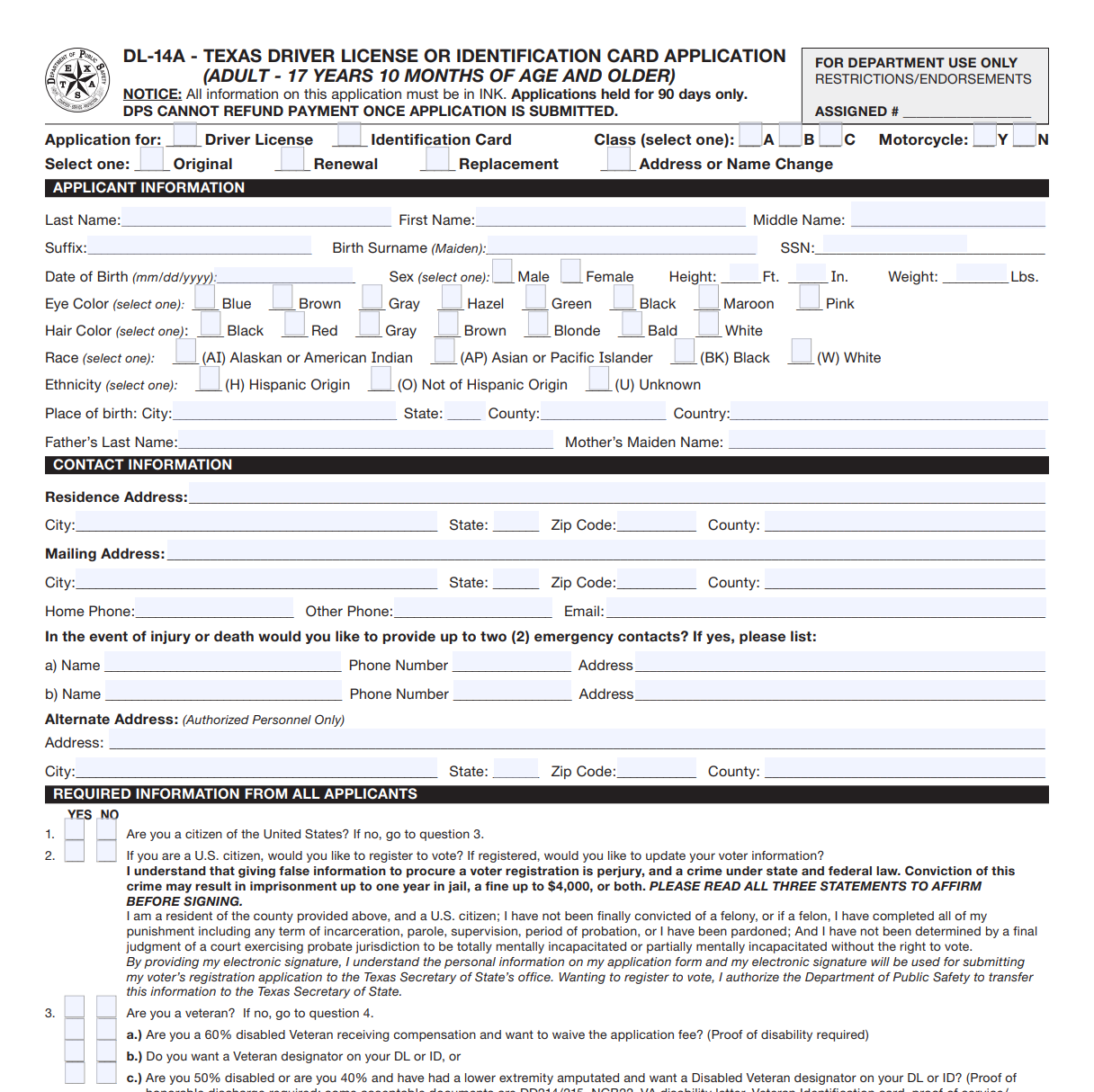 Form Dl A Driver License Or Identification Card Application Form